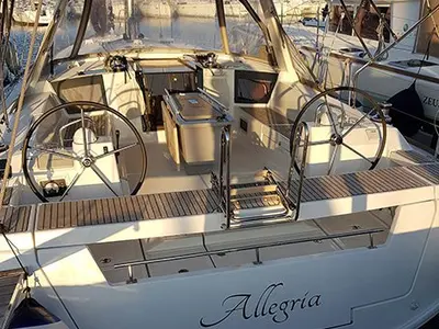 Cockpit of Allegria, a Beneteau Oceanis 45 sailboat at Lefkada, Greece