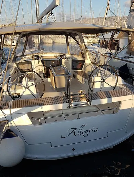 Cockpit of Allegria, a Beneteau Oceanis 45 sailboat at Lefkada, Greece