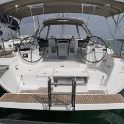 Cockpit of Allegria, a Beneteau Oceanis 45 sailboat at Lefkada, Greece