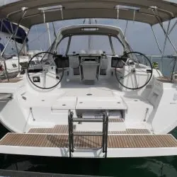 Cockpit of Allegria, a Beneteau Oceanis 45 sailboat at Lefkada, Greece