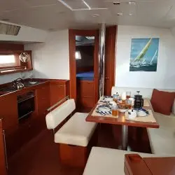 Salon of Allegria, a Beneteau Oceanis 45 sailboat at Lefkada, Greece