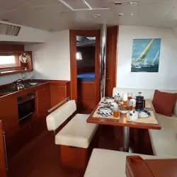 Salon of Allegria, a Beneteau Oceanis 45 sailboat at Lefkada, Greece