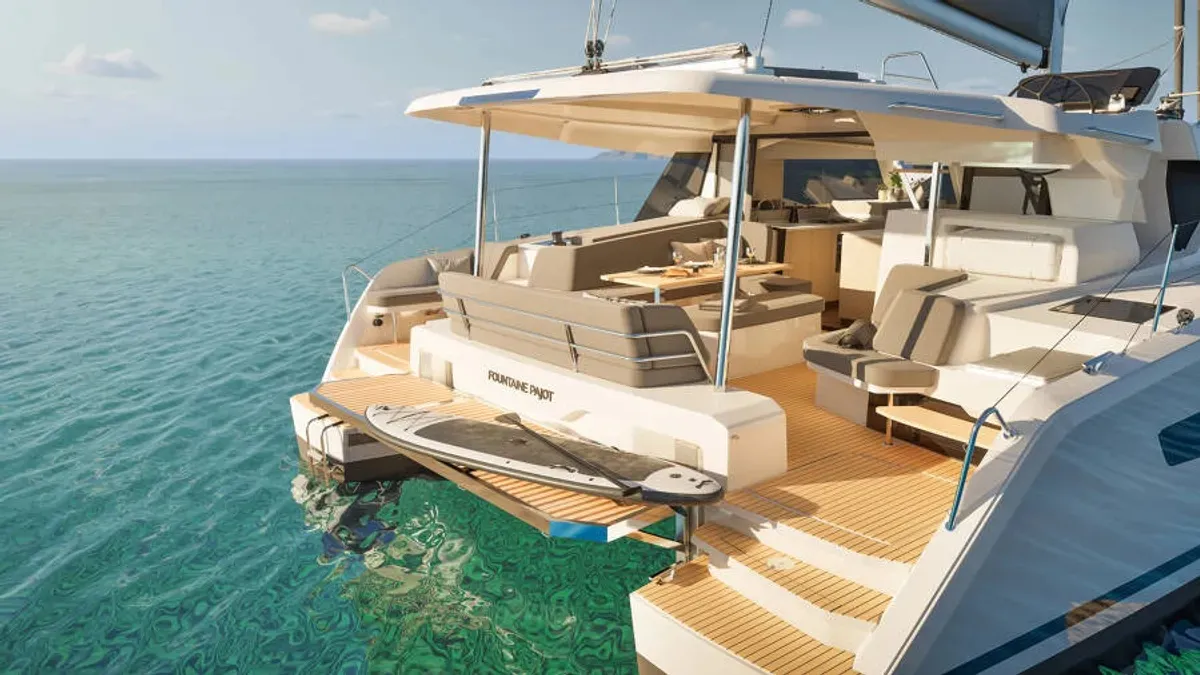 Exterior view of Montague, a Fountaine Pajot FP 41 catamaran at Municipal Unit of Lefkada, Greece