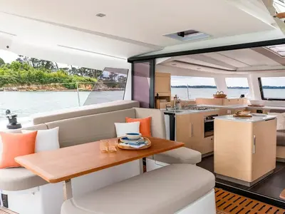 Salon of Montague, a Fountaine Pajot FP 41 catamaran at Municipal Unit of Lefkada, Greece