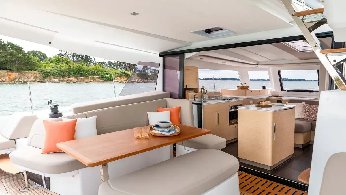 Salon of Montague, a Fountaine Pajot FP 41 catamaran at Municipal Unit of Lefkada, Greece