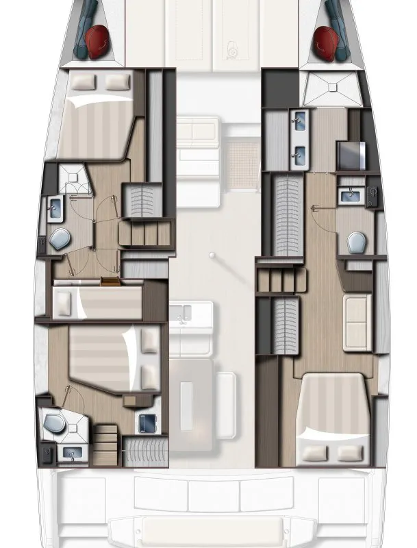 Floor plan of Seasight II, a Bali 4.6 - 4 cab. OW catamaran at Hyères, France