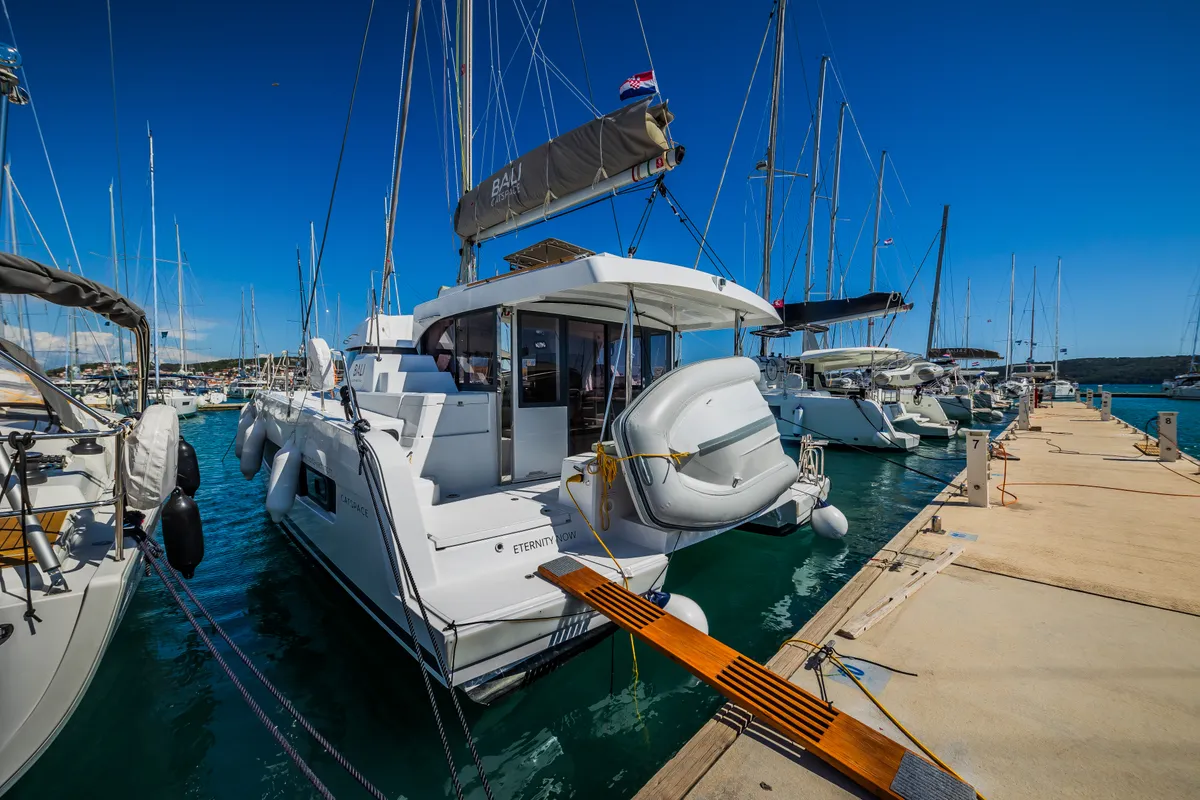Exterior view of Eternity Now, a Bali Catspace catamaran at Seget Donji, Croatia