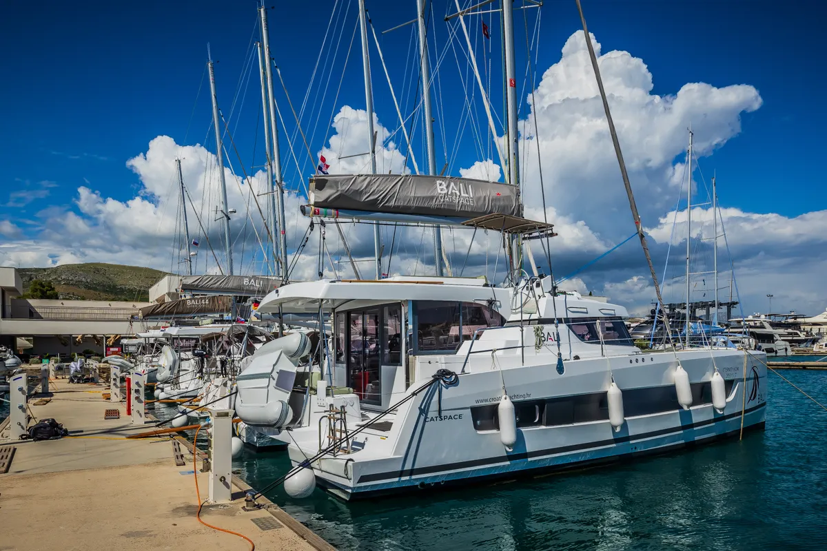Exterior view of Eternity Now, a Bali Catspace catamaran at Seget Donji, Croatia