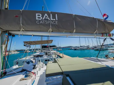 Cockpit of Eternity Now, a Bali Catspace catamaran at Seget Donji, Croatia