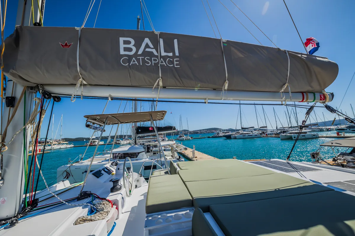 Cockpit of Eternity Now, a Bali Catspace catamaran at Seget Donji, Croatia