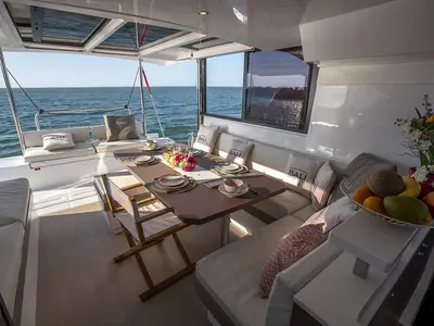 Salon of Marila, a Bali Catspace catamaran at Olbia, Italy