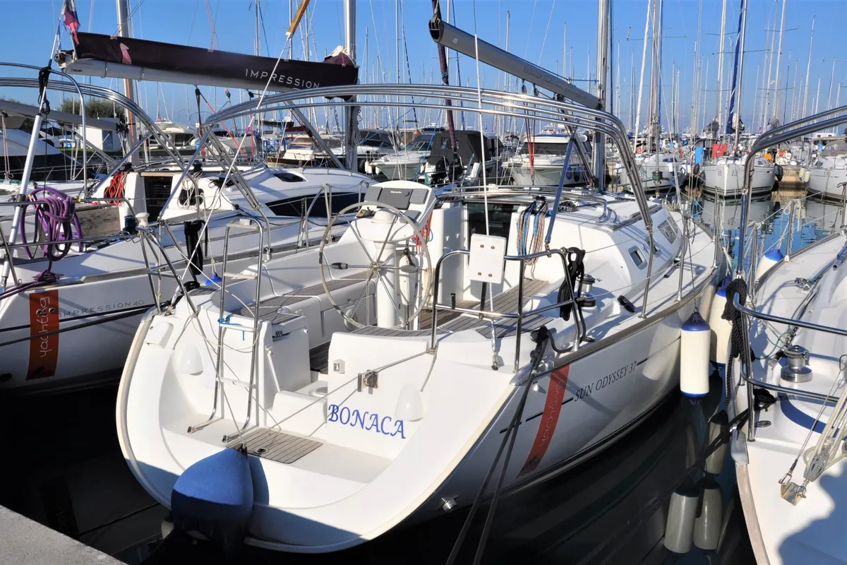 Exterior view of Bonaca, a Jeanneau Sun Odyssey 37 sailboat at Izola / Isola, Slovenia