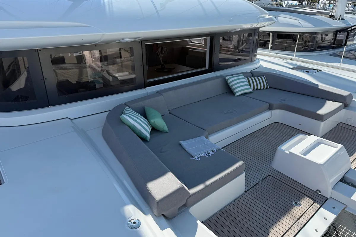 Deck of Sofia, a Lagoon 55 catamaran at Salerno, Italy