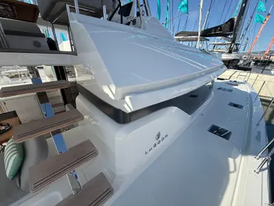 Exterior view of Sofia, a Lagoon 55 catamaran at Salerno, Italy