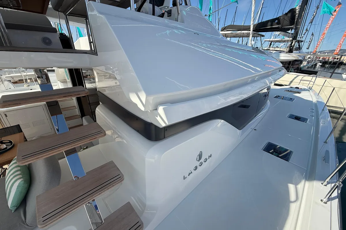 Exterior view of Sofia, a Lagoon 55 catamaran at Salerno, Italy