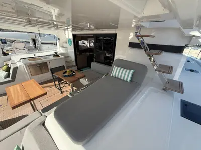 Deck of Sofia, a Lagoon 55 catamaran at Salerno, Italy