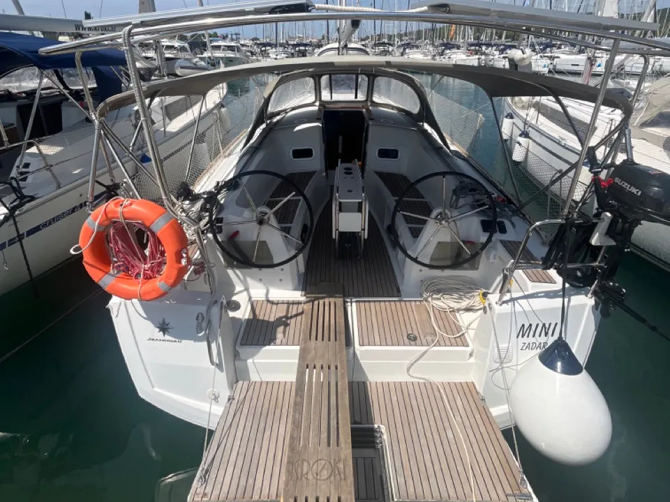 Exterior view of MINI, a Jeanneau Sun Odyssey 349 sailboat at Općina Sukošan, Croatia