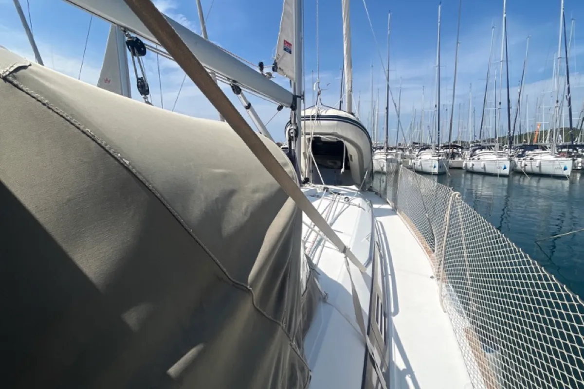 Exterior view of MINI, a Jeanneau Sun Odyssey 349 sailboat at Općina Sukošan, Croatia