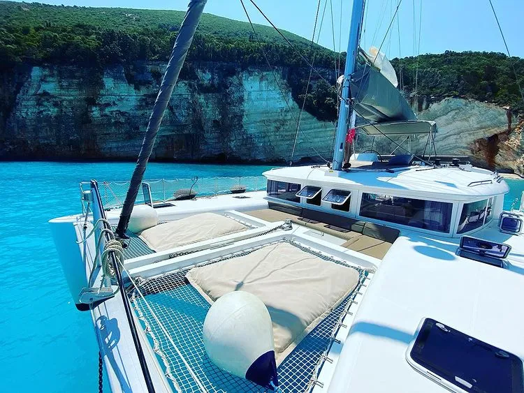 Deck of Aeropi, a Lagoon 450 Fly catamaran at Municipal Unit of Lefkada, Greece