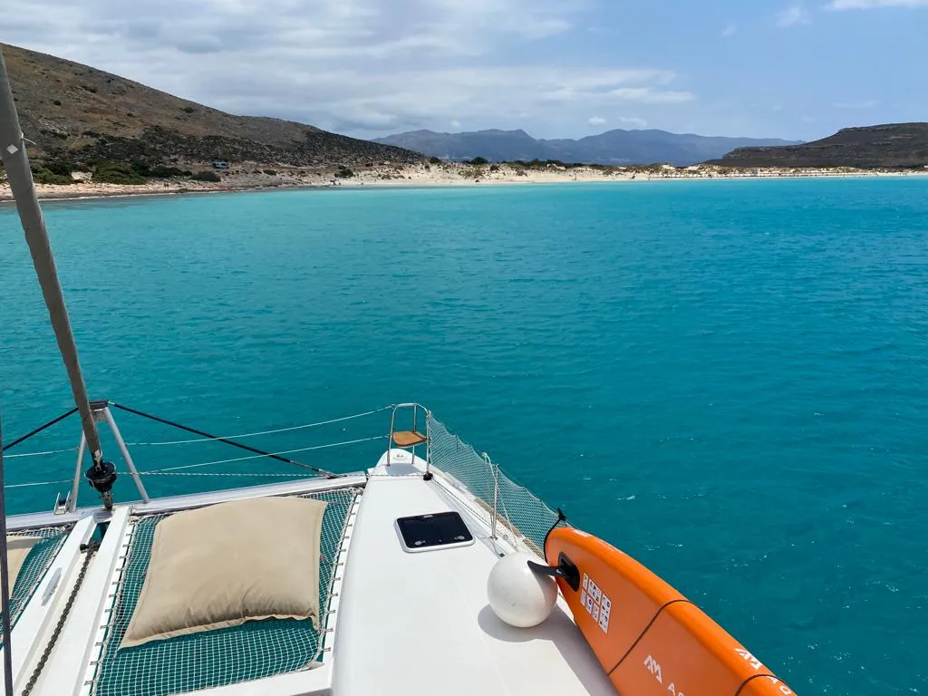 Deck of Aeropi, a Lagoon 450 Fly catamaran at Municipal Unit of Lefkada, Greece