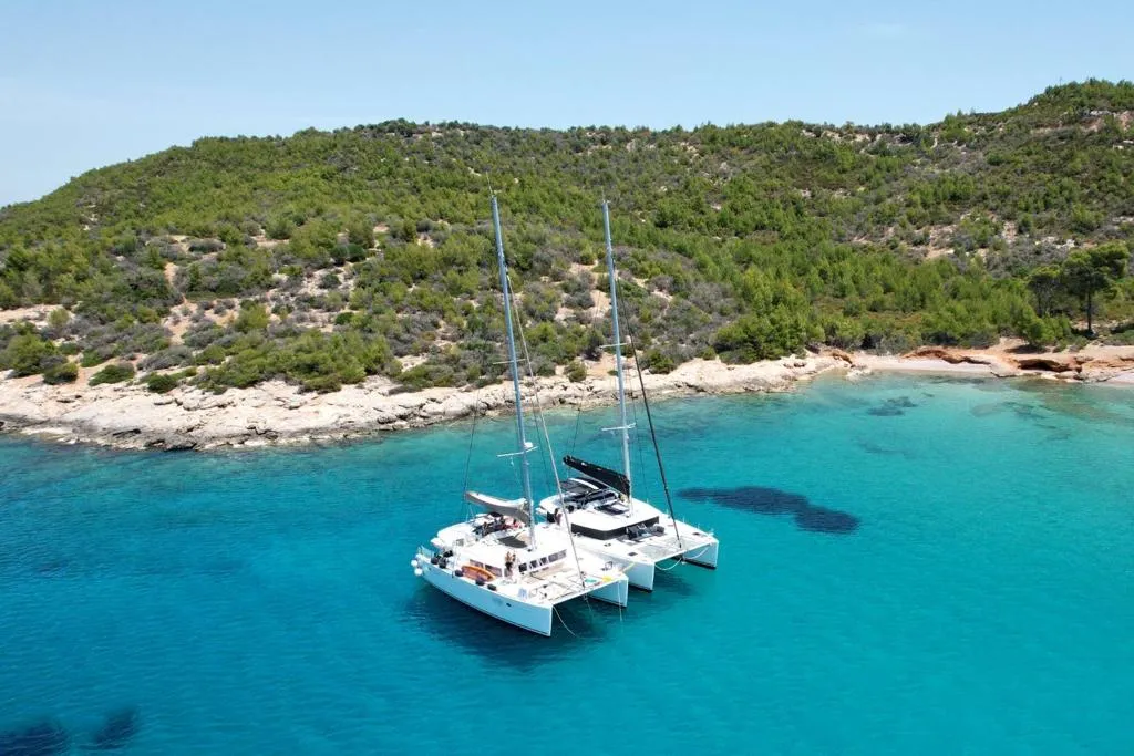 Exterior view of Aeropi, a Lagoon 450 Fly catamaran at Municipal Unit of Lefkada, Greece