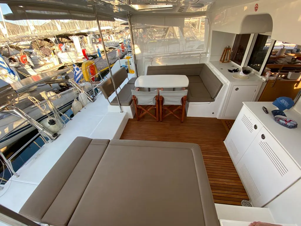 Deck of Aeropi, a Lagoon 450 Fly catamaran at Municipal Unit of Lefkada, Greece