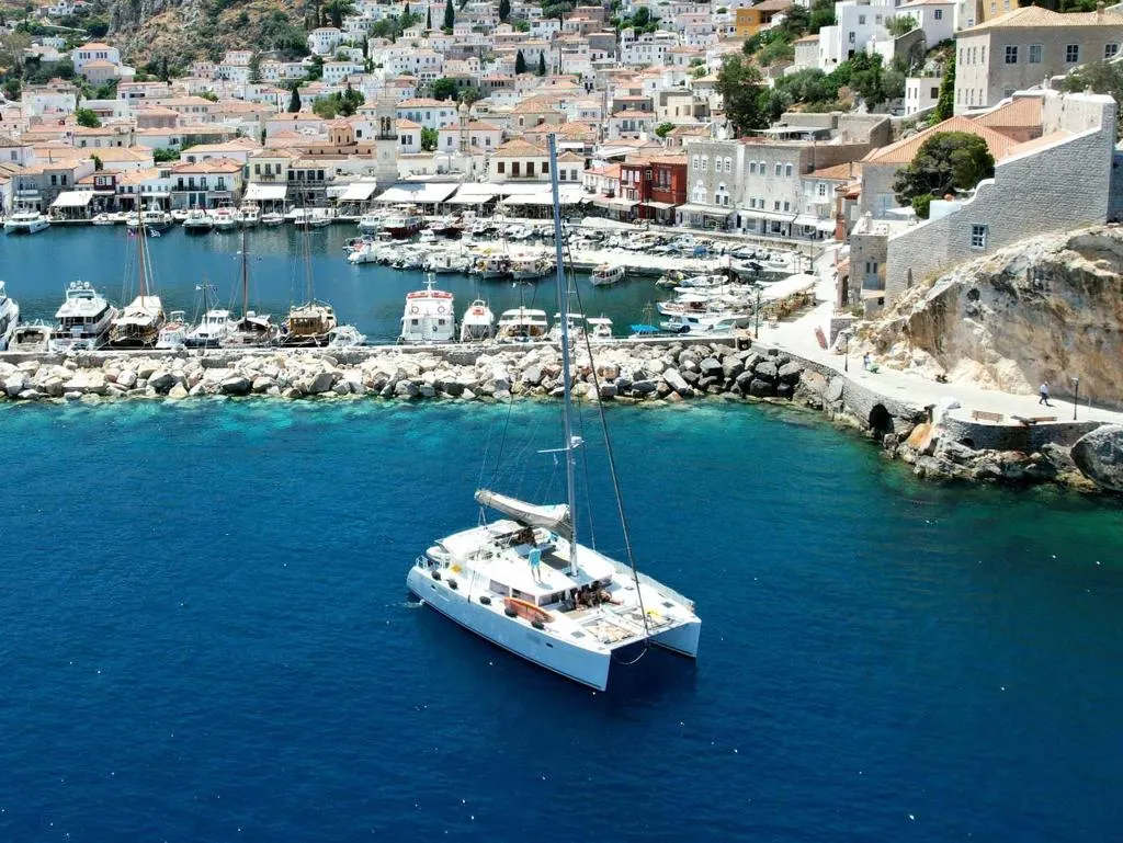 Exterior view of Aeropi, a Lagoon 450 Fly catamaran at Municipal Unit of Lefkada, Greece