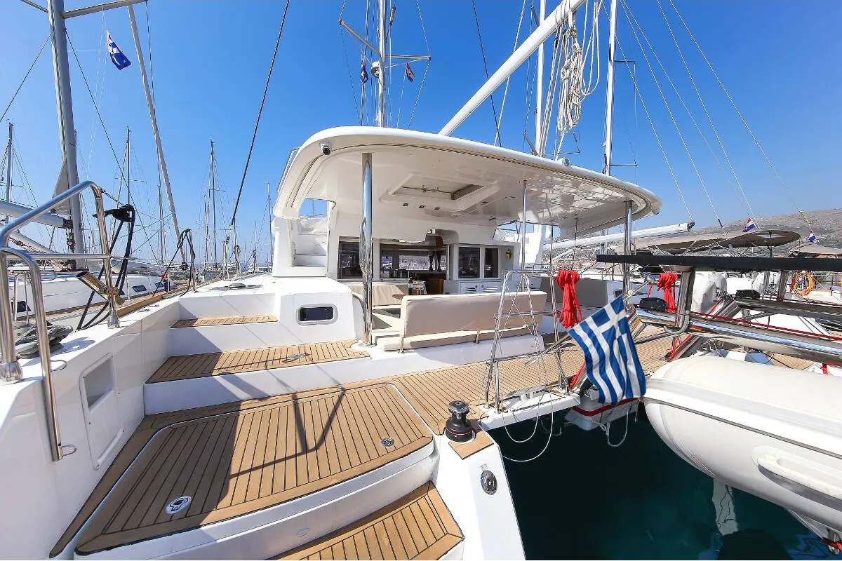 Exterior view of Aeropi, a Lagoon 450 Fly catamaran at Municipal Unit of Lefkada, Greece
