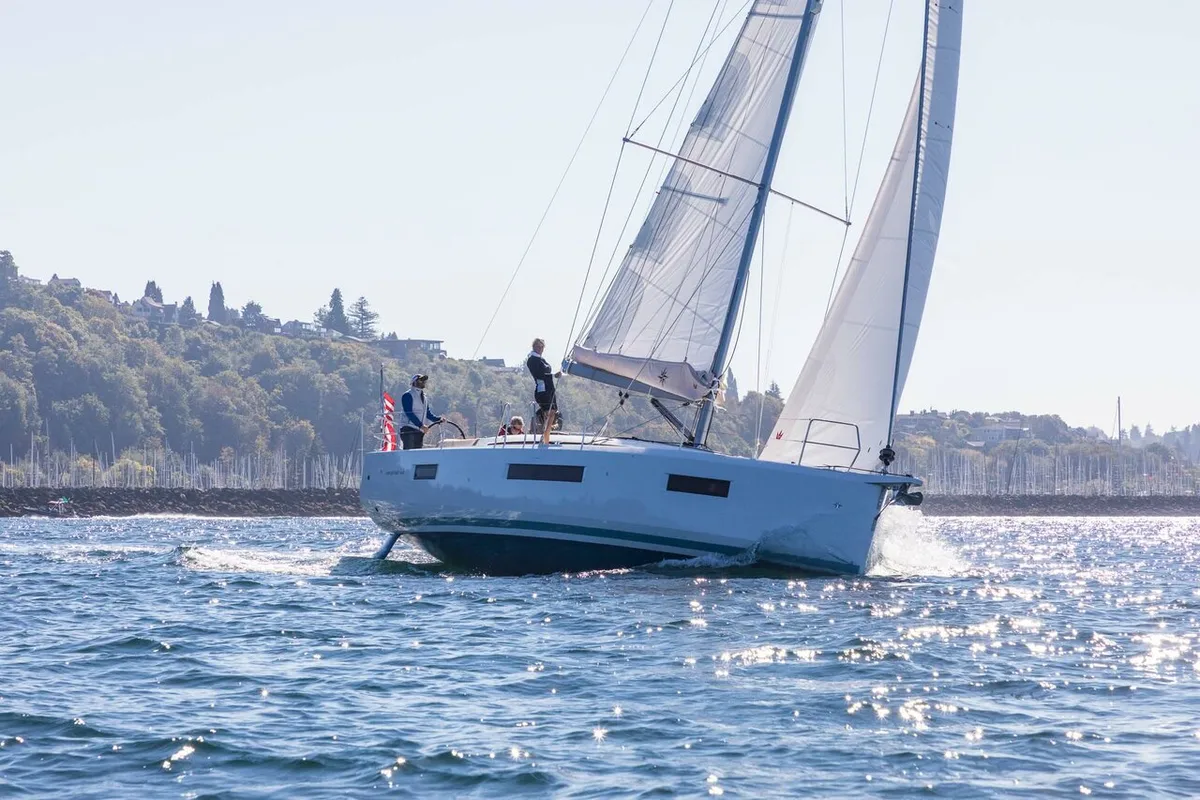Exterior view of Blue Aura, a Jeanneau Sun Odyssey 440 sailboat at Municipal Unit of Nea Peramos, Greece