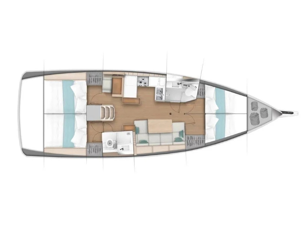 Floor plan of Blue Aura, a Jeanneau Sun Odyssey 440 sailboat at Municipal Unit of Nea Peramos, Greece