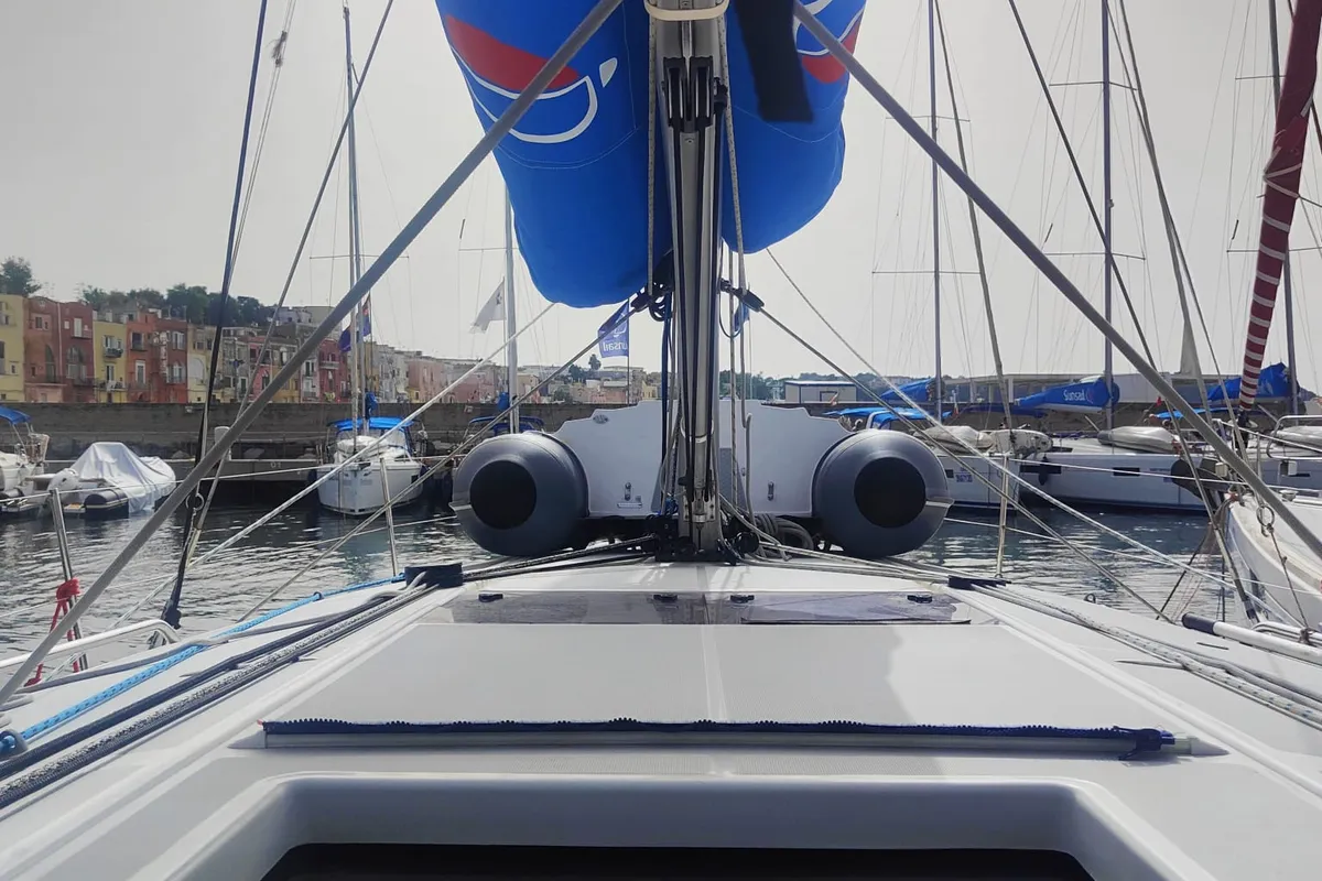 Deck of Nennella, a Jeanneau Sun Odyssey 440 sailboat at Tonnarella, Italy