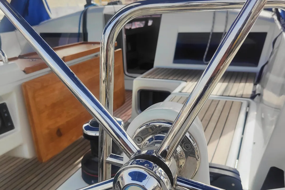 Cockpit of Nennella, a Jeanneau Sun Odyssey 440 sailboat at Tonnarella, Italy