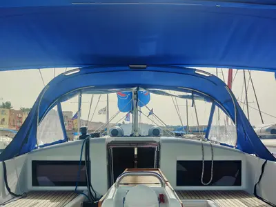 Cockpit of Nennella, a Jeanneau Sun Odyssey 440 sailboat at Tonnarella, Italy