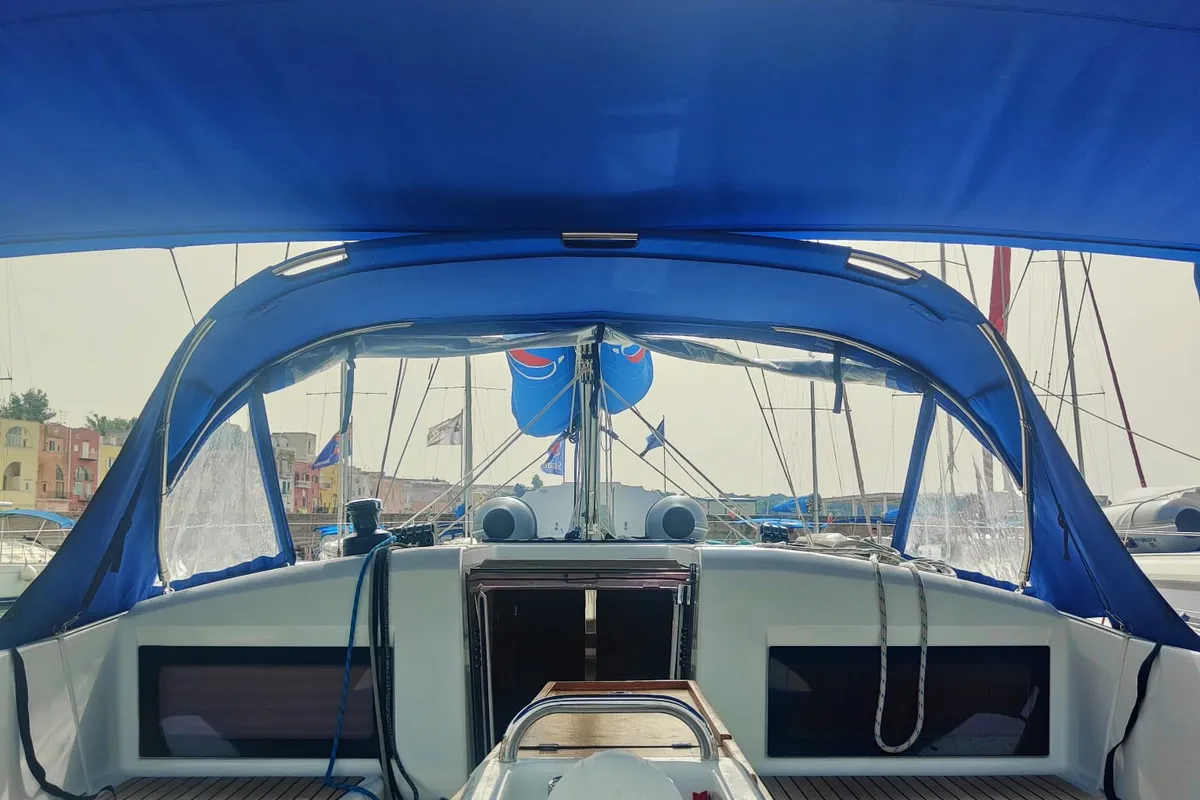 Cockpit of Nennella, a Jeanneau Sun Odyssey 440 sailboat at Tonnarella, Italy