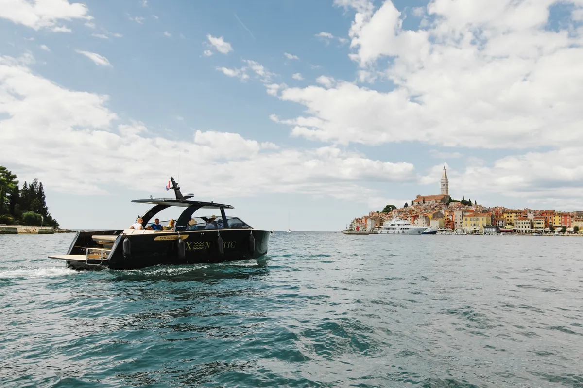 Black Pearl, a Colnago 35 motorboat at Grad Rovinj, Croatia
