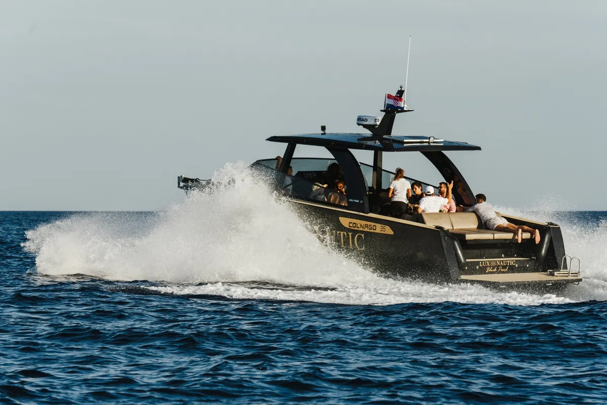 Black Pearl, a Colnago 35 motorboat at Grad Rovinj, Croatia