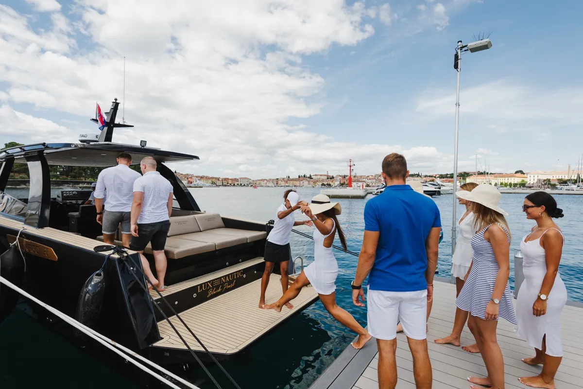Black Pearl, a Colnago 35 motorboat at Grad Rovinj, Croatia