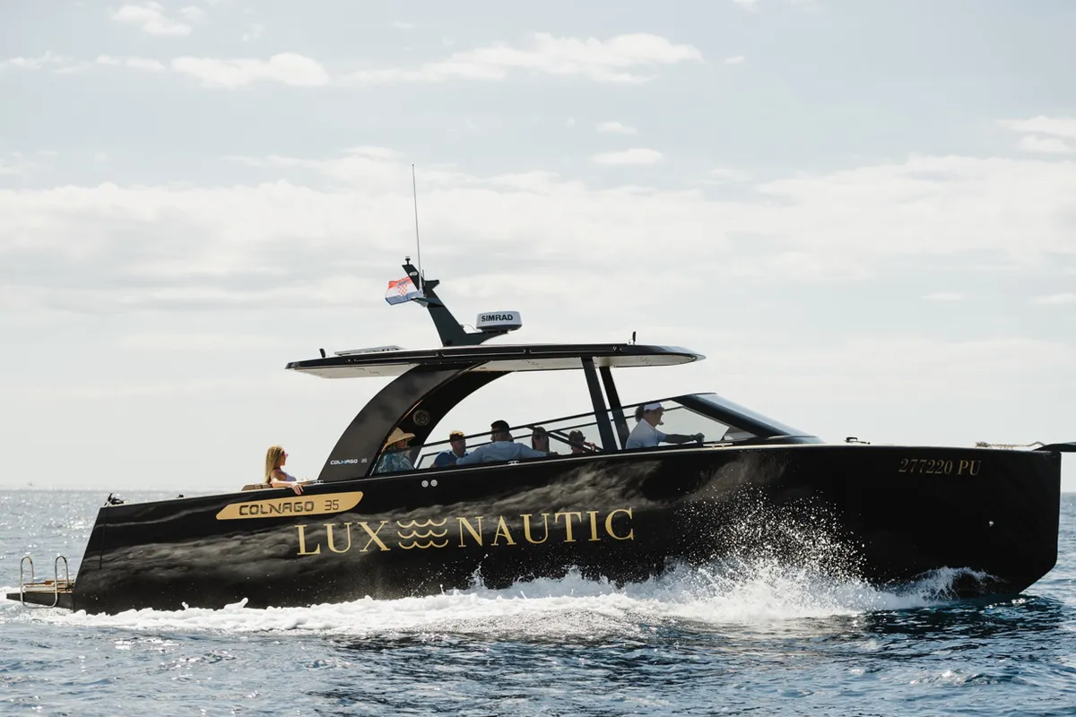 Black Pearl, a Colnago 35 motorboat at Grad Rovinj, Croatia