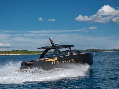 Black Pearl, a Colnago 35 motorboat at Grad Rovinj, Croatia