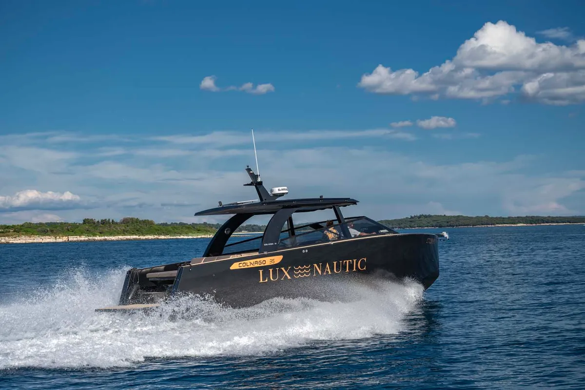 Black Pearl, a Colnago 35 motorboat at Grad Rovinj, Croatia