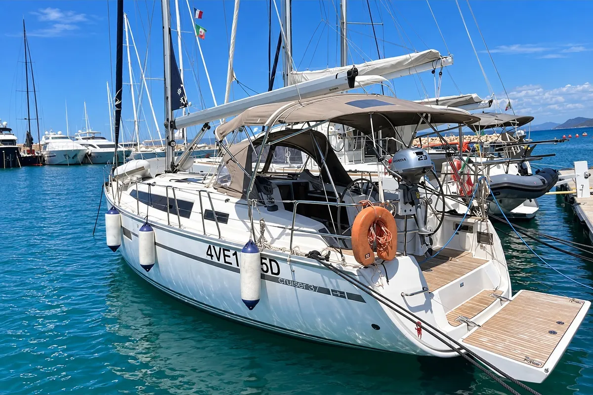 Exterior view of Francesca, a Bavaria 37 sailboat at Punta Ala, Italy