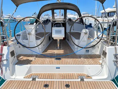 Cockpit of Francesca, a Bavaria 37 sailboat at Punta Ala, Italy