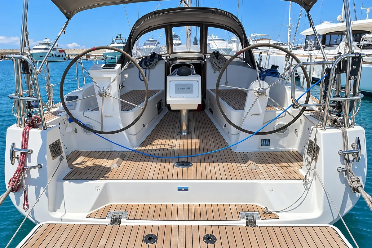Cockpit of Francesca, a Bavaria 37 sailboat at Punta Ala, Italy