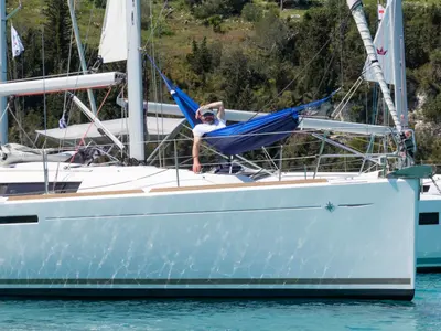 Exterior view of Geneva, a Jeanneau Sun Odyssey 389 sailboat at Kontokali, Greece