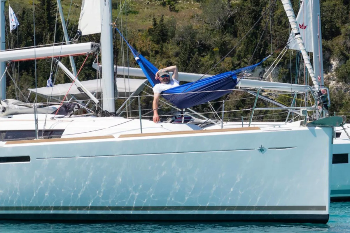 Exterior view of Geneva, a Jeanneau Sun Odyssey 389 sailboat at Kontokali, Greece