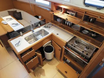 Galley of Geneva, a Jeanneau Sun Odyssey 389 sailboat at Kontokali, Greece
