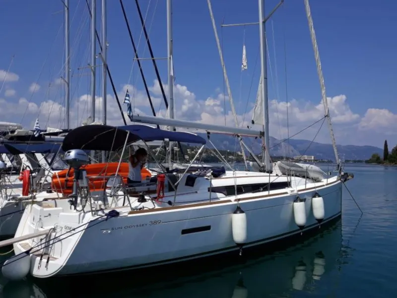 Exterior view of Geneva, a Jeanneau Sun Odyssey 389 sailboat at Kontokali, Greece