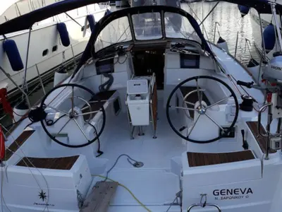 Cockpit of Geneva, a Jeanneau Sun Odyssey 389 sailboat at Kontokali, Greece