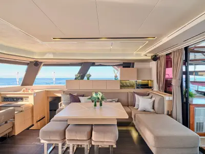 Salon of Sunmoon, a Fountaine Pajot Alegria 67 catamaran at Nea Peramos, Greece