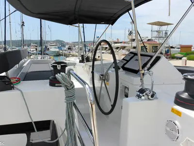 Cockpit of Moja Mala, a Lagoon 450 catamaran at Seget Donji, Croatia